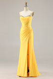 Sparkly Yellow Mermaid Ruched Long Corset Prom Dress with Beading
