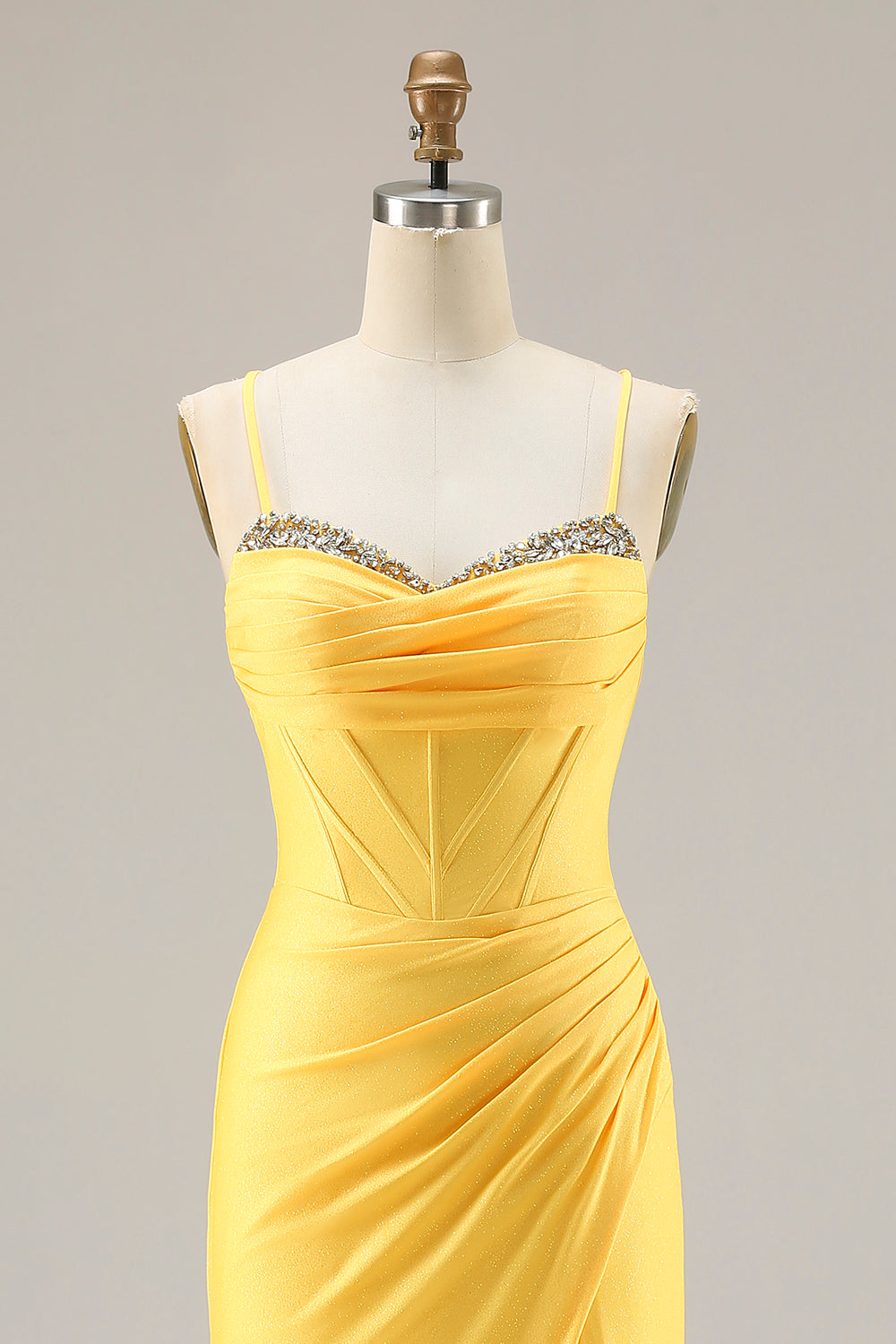 Sparkly Yellow Mermaid Ruched Long Corset Prom Dress with Beading