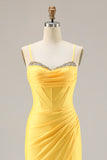 Sparkly Yellow Mermaid Ruched Long Corset Prom Dress with Beading
