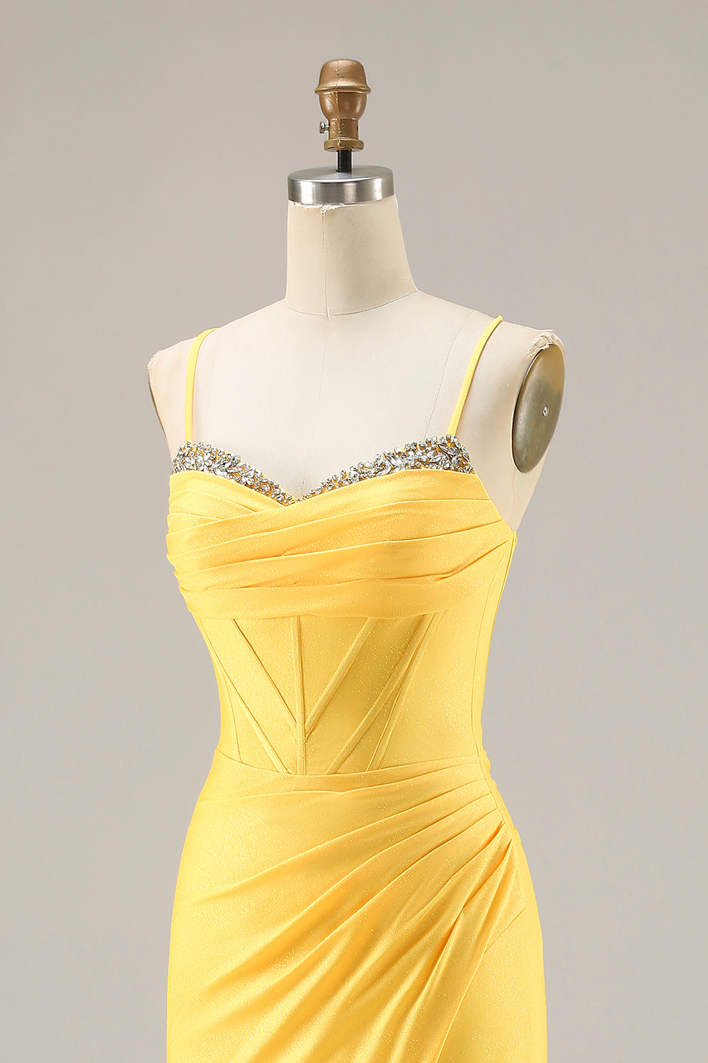 Sparkly Yellow Mermaid Ruched Long Corset Prom Dress with Beading