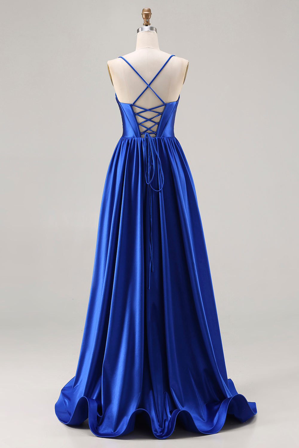 Royal Blue Satin A Line Spaghetti Straps Long Prom Dress with Beading