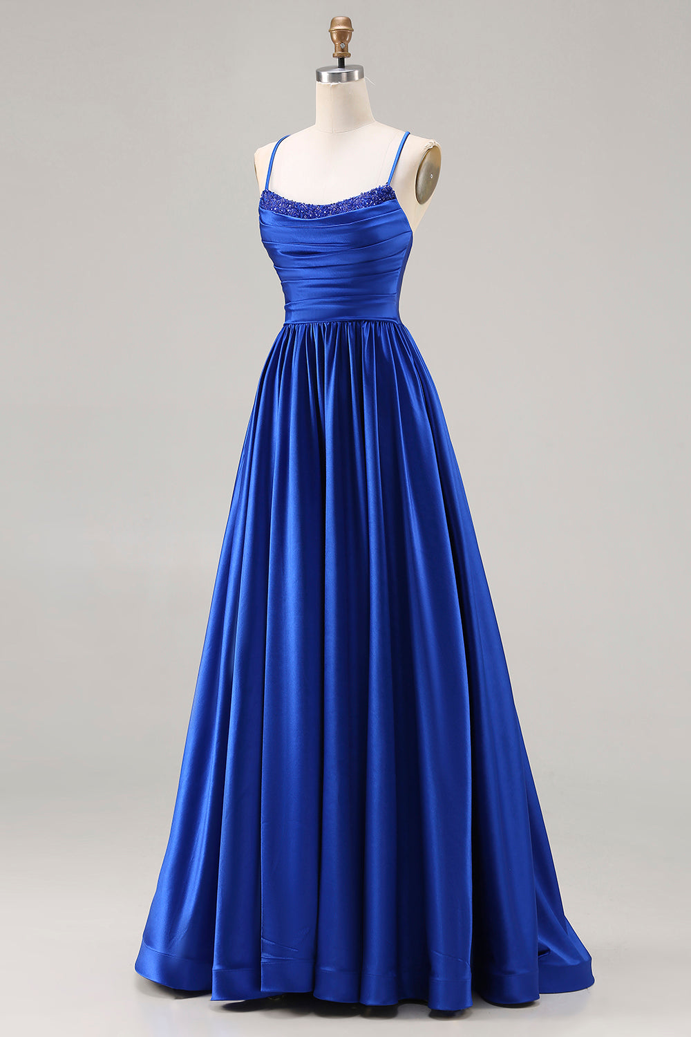 Royal Blue Satin A Line Spaghetti Straps Long Prom Dress with Beading