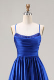 Royal Blue Satin A Line Spaghetti Straps Long Prom Dress with Beading