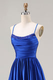 Royal Blue Satin A Line Spaghetti Straps Long Prom Dress with Beading