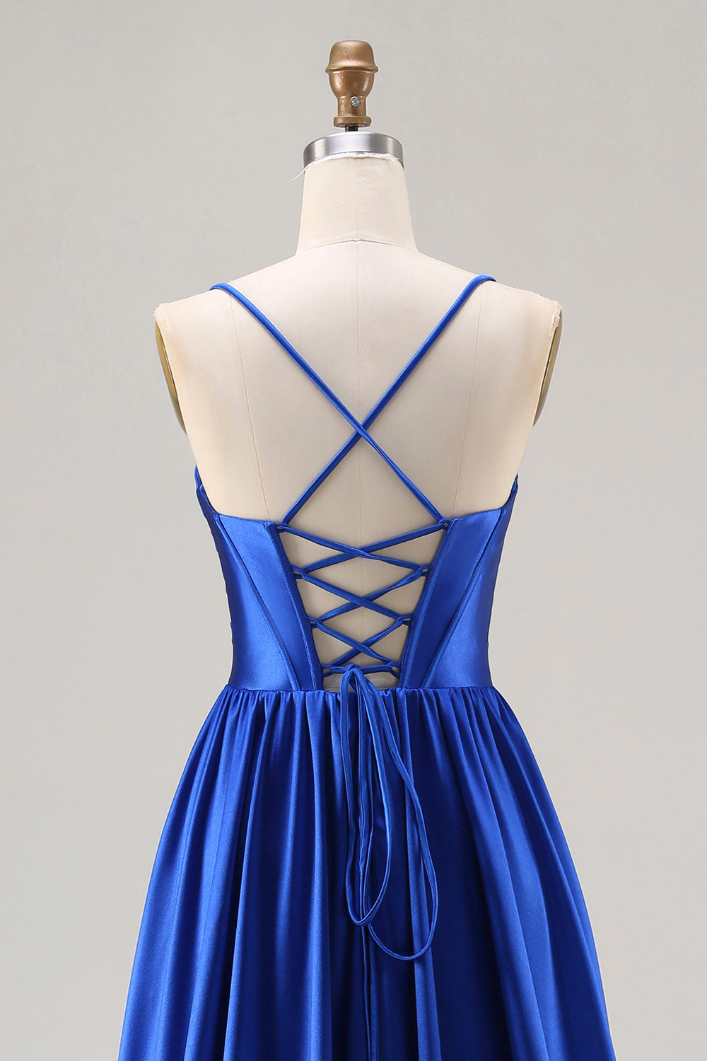 Royal Blue Satin A Line Spaghetti Straps Long Prom Dress with Beading