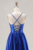Royal Blue Satin A Line Spaghetti Straps Long Prom Dress with Beading