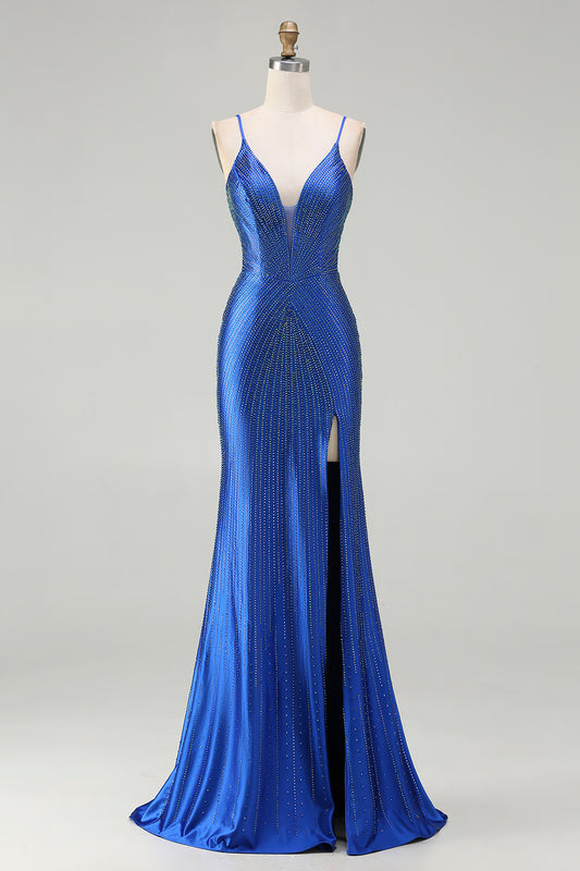 Sparkly Royal Blue Satin Mermaid Beaded Long Prom Dress with Slit