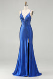 Sparkly Royal Blue Satin Mermaid Beaded Long Prom Dress with Slit