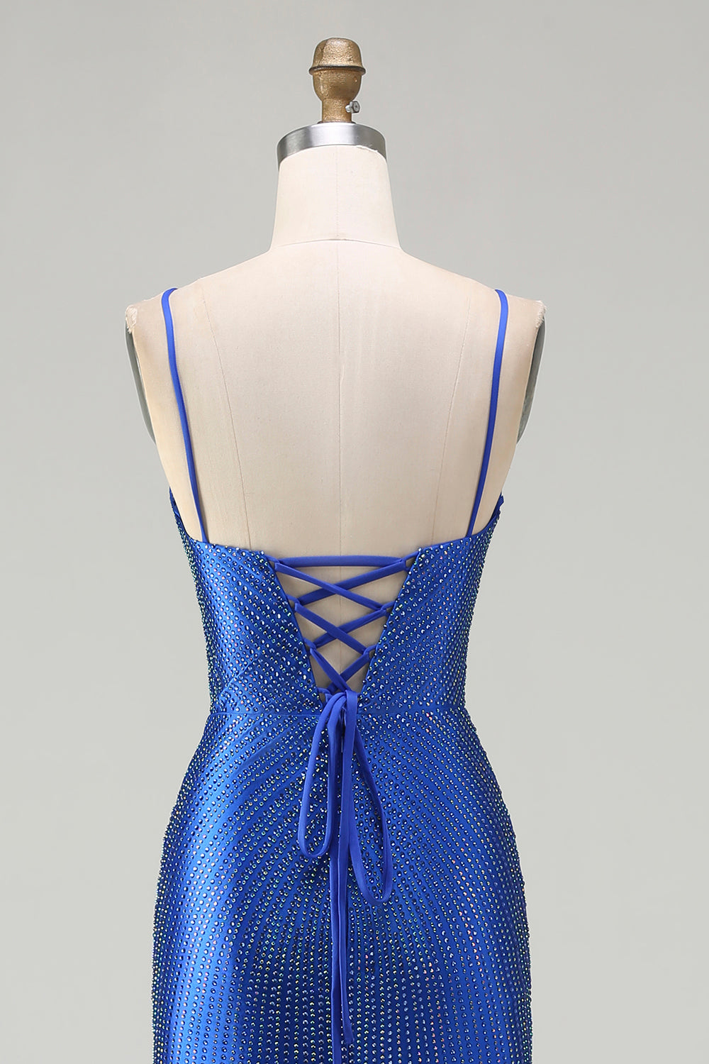 Sparkly Royal Blue Satin Mermaid Beaded Long Prom Dress with Slit