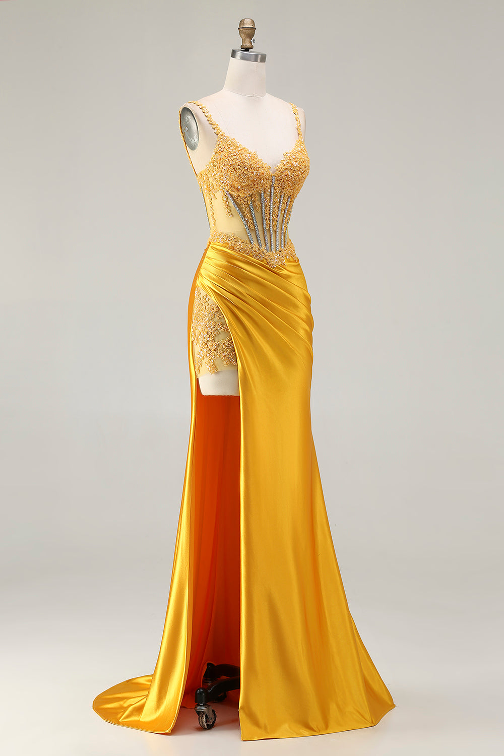 Sparkly Yellow Mermaid Satin Ruched Long Corset Prom Dress with Slit