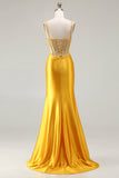 Sparkly Yellow Mermaid Satin Ruched Long Corset Prom Dress with Slit