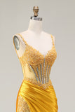 Sparkly Yellow Mermaid Satin Ruched Long Corset Prom Dress with Slit