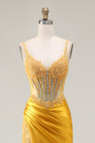 Sparkly Yellow Mermaid Satin Ruched Long Corset Prom Dress with Slit