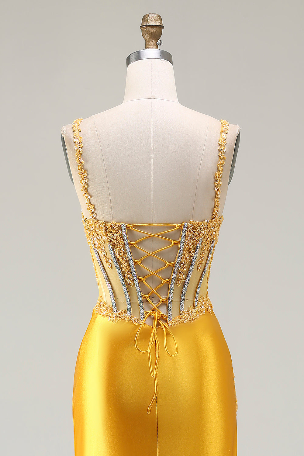 Sparkly Yellow Mermaid Satin Ruched Long Corset Prom Dress with Slit