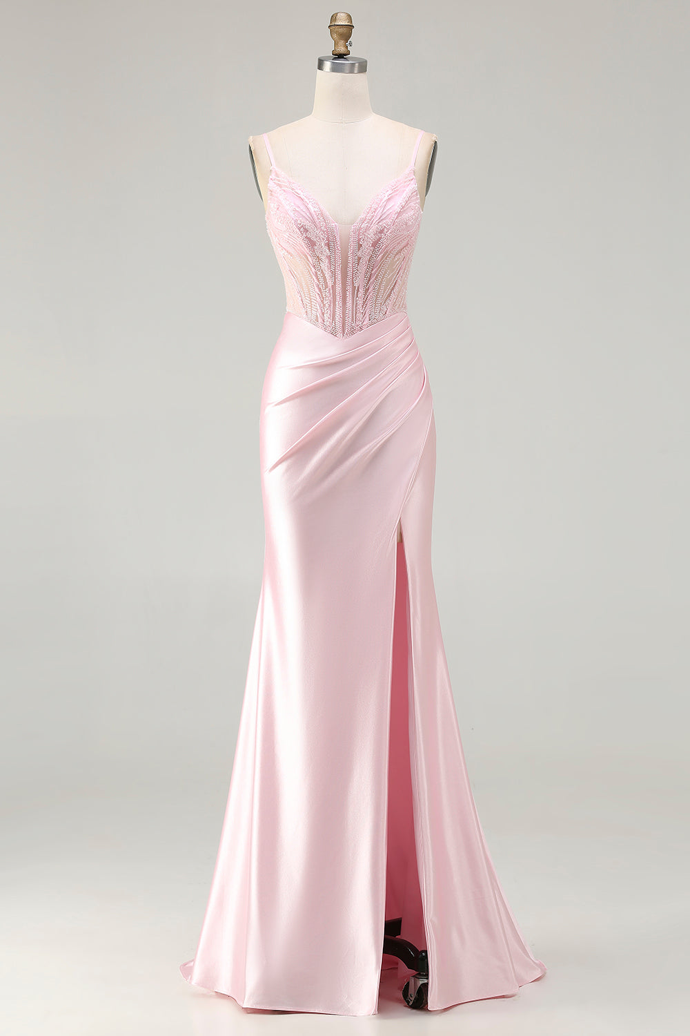 Sparkly Pink Beaded Mermaid Satin Long Corset Prom Dress with Slit