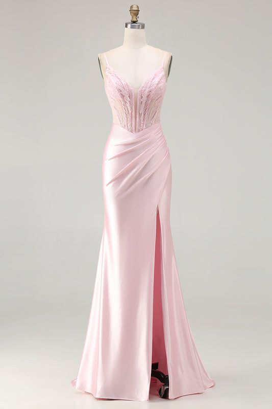 Sparkly Pink Beaded Mermaid Satin Long Corset Prom Dress with Slit