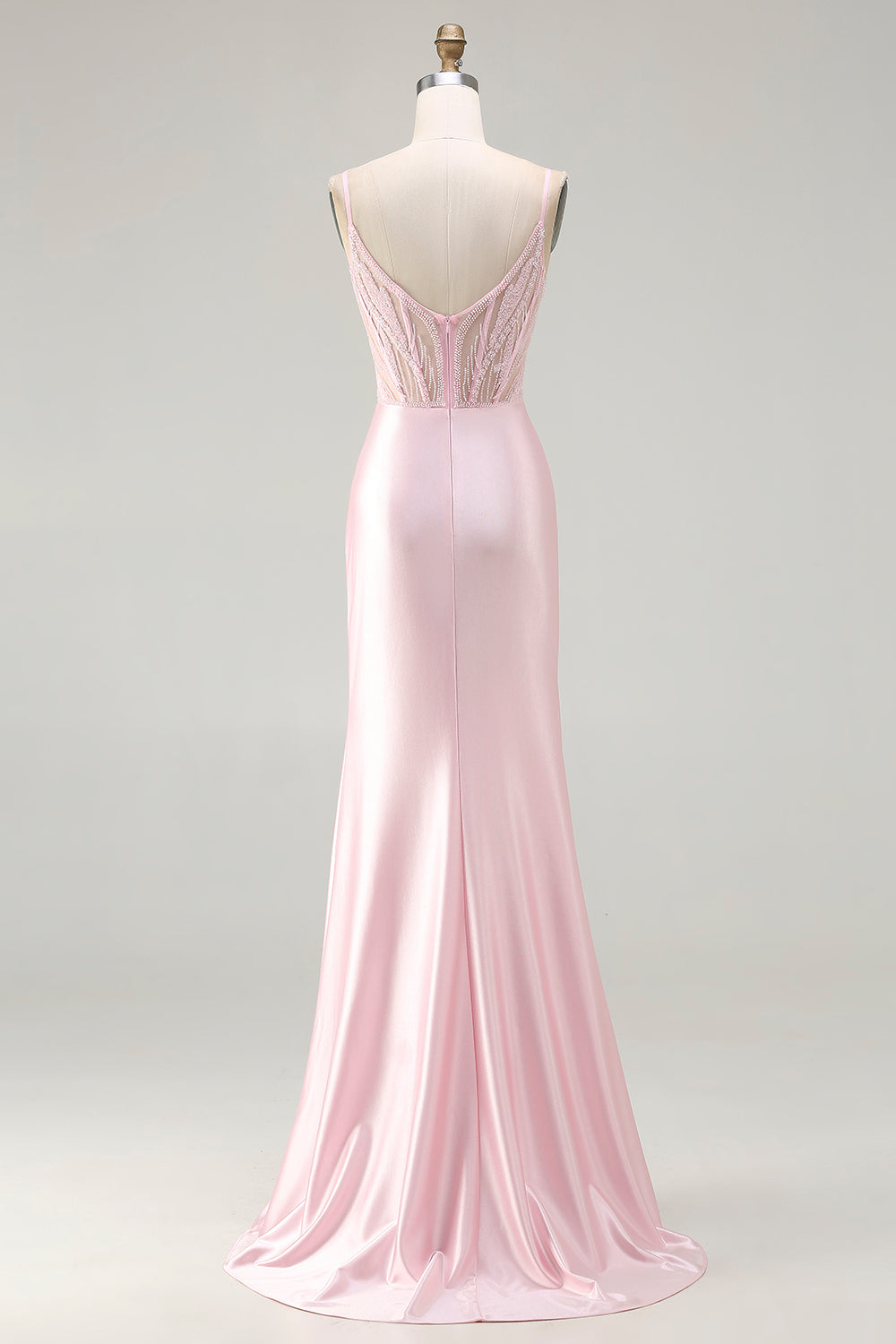 Sparkly Pink Beaded Mermaid Satin Long Corset Prom Dress with Slit
