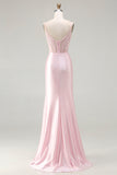 Sparkly Pink Beaded Mermaid Satin Long Corset Prom Dress with Slit