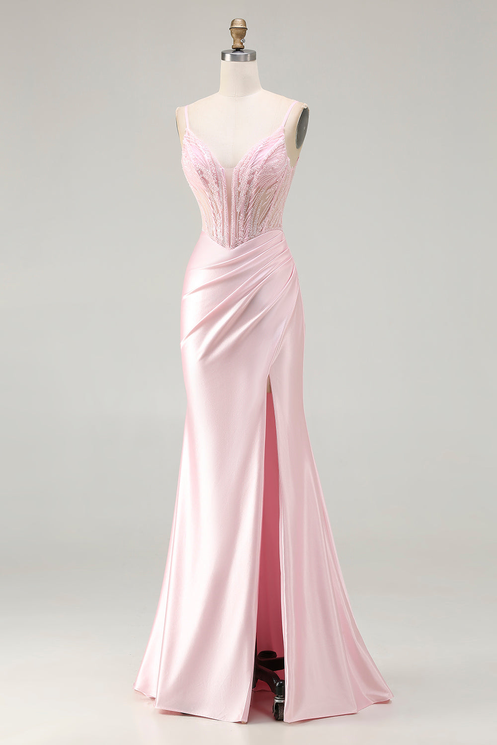 Sparkly Pink Beaded Mermaid Satin Long Corset Prom Dress with Slit