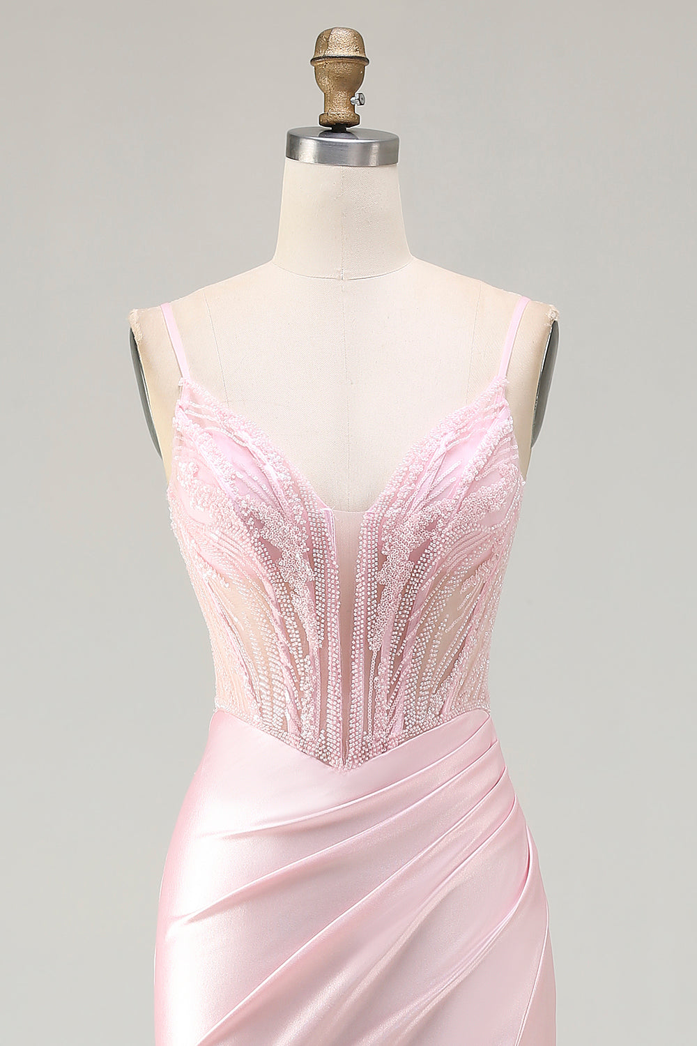 Sparkly Pink Beaded Mermaid Satin Long Corset Prom Dress with Slit