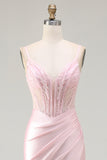 Sparkly Pink Beaded Mermaid Satin Long Corset Prom Dress with Slit