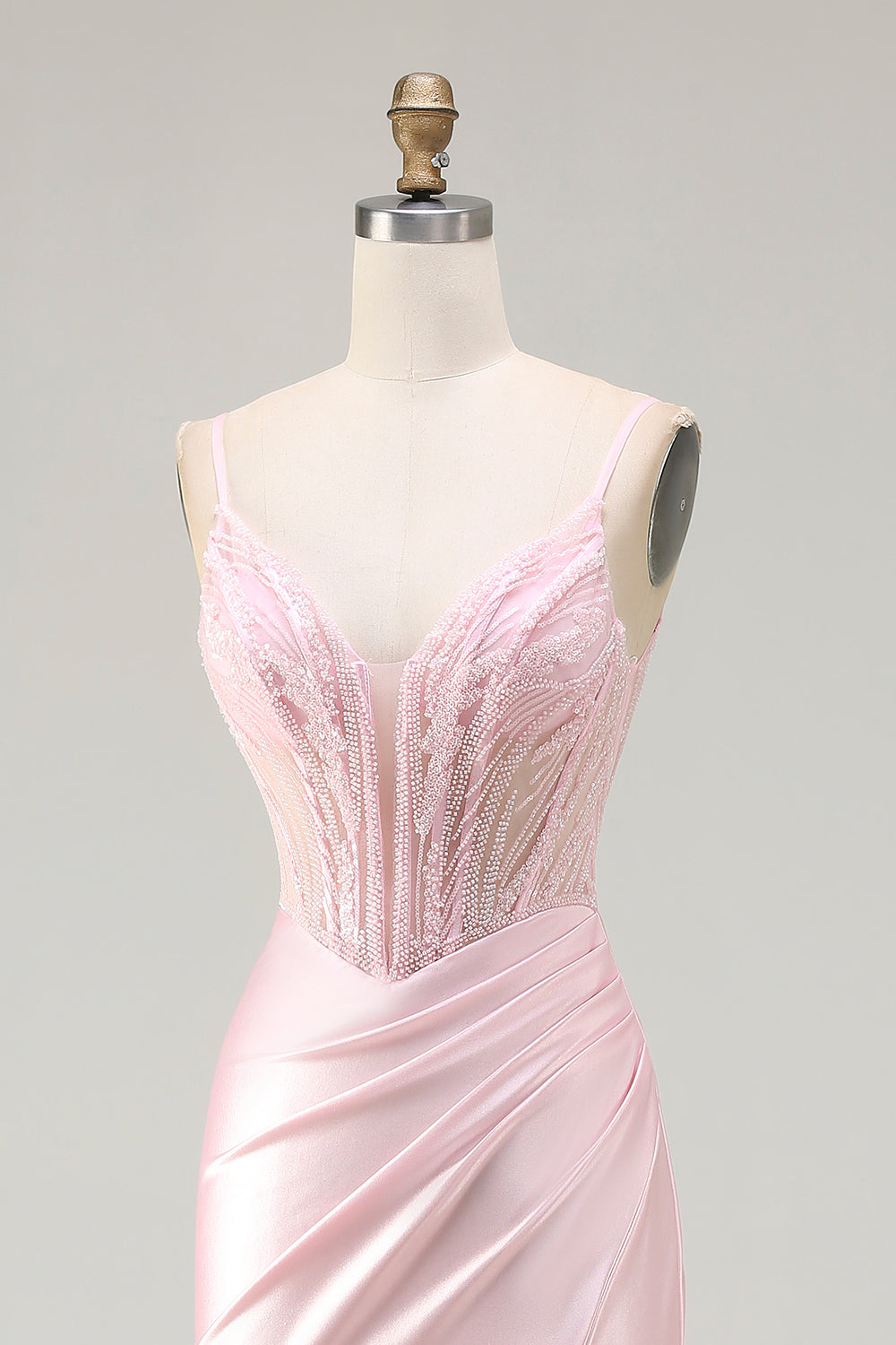 Sparkly Pink Beaded Mermaid Satin Long Corset Prom Dress with Slit