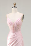 Sparkly Pink Beaded Mermaid Satin Long Corset Prom Dress with Slit