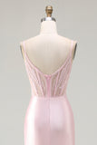 Sparkly Pink Beaded Mermaid Satin Long Corset Prom Dress with Slit