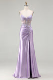 Sparkly Floral Light Purple Sequin Long Corset Prom Dress with Slit