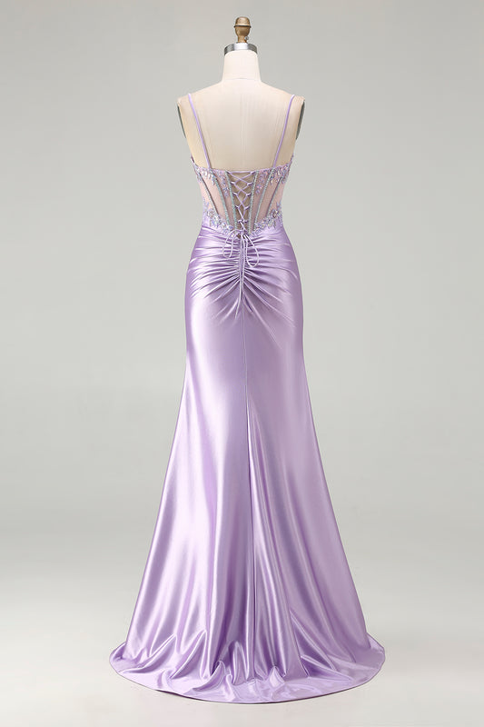 Sparkly Floral Light Purple Sequin Long Corset Prom Dress with Slit
