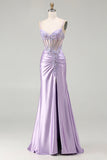 Sparkly Floral Light Purple Sequin Long Corset Prom Dress with Slit