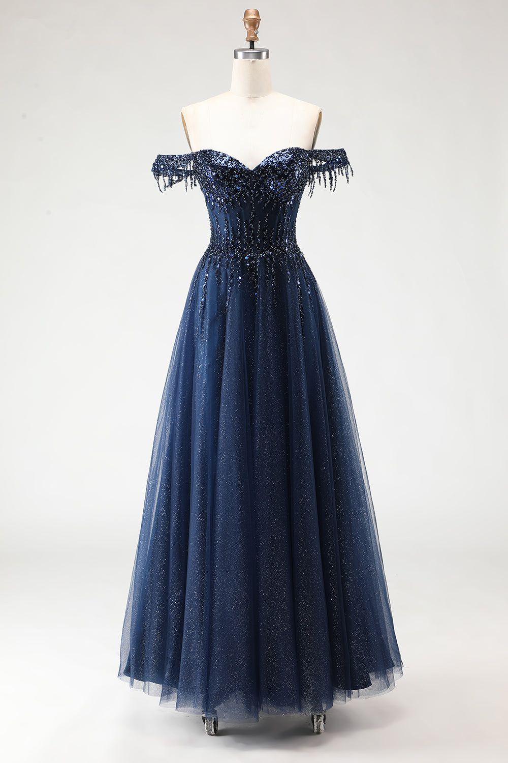Sparkly Navy A-Line Tulle Long Corset Prom Dress with Beading