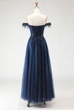 Sparkly Navy A-Line Tulle Long Corset Prom Dress with Beading