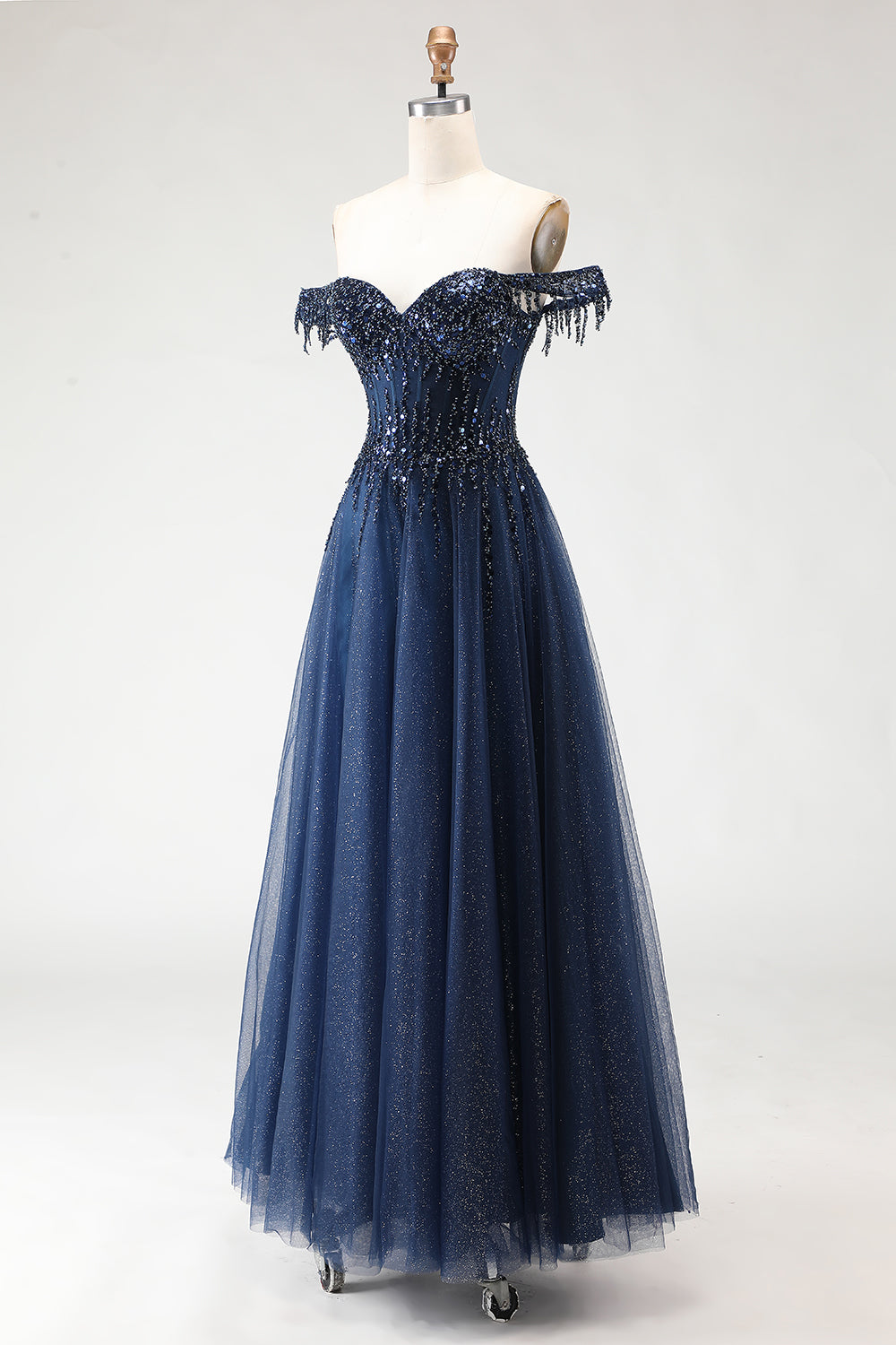 Sparkly Navy A-Line Tulle Long Corset Prom Dress with Beading