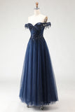 Sparkly Navy A-Line Tulle Long Corset Prom Dress with Beading