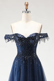 Sparkly Navy A-Line Tulle Long Corset Prom Dress with Beading