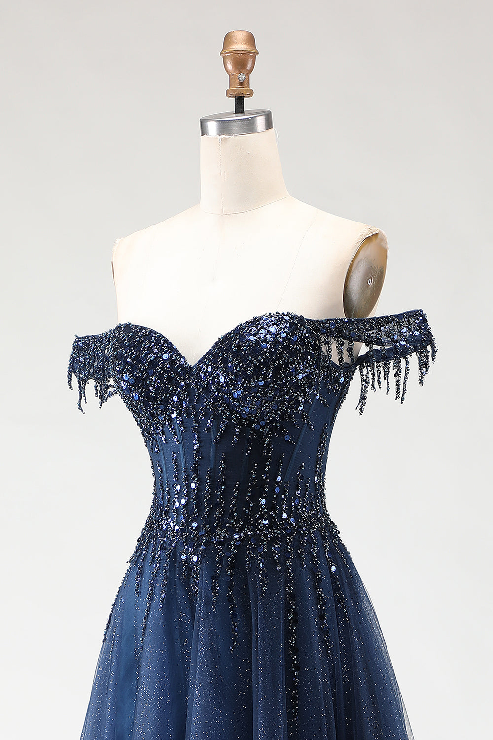 Sparkly Navy A-Line Tulle Long Corset Prom Dress with Beading