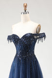 Sparkly Navy A-Line Tulle Long Corset Prom Dress with Beading