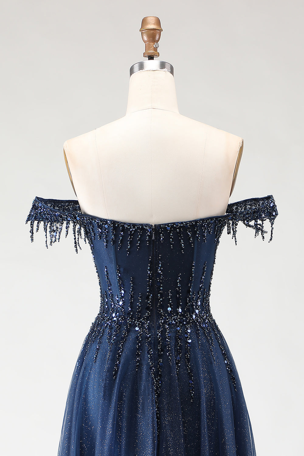 Sparkly Navy A-Line Tulle Long Corset Prom Dress with Beading