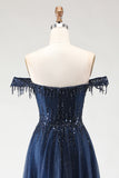 Sparkly Navy A-Line Tulle Long Corset Prom Dress with Beading