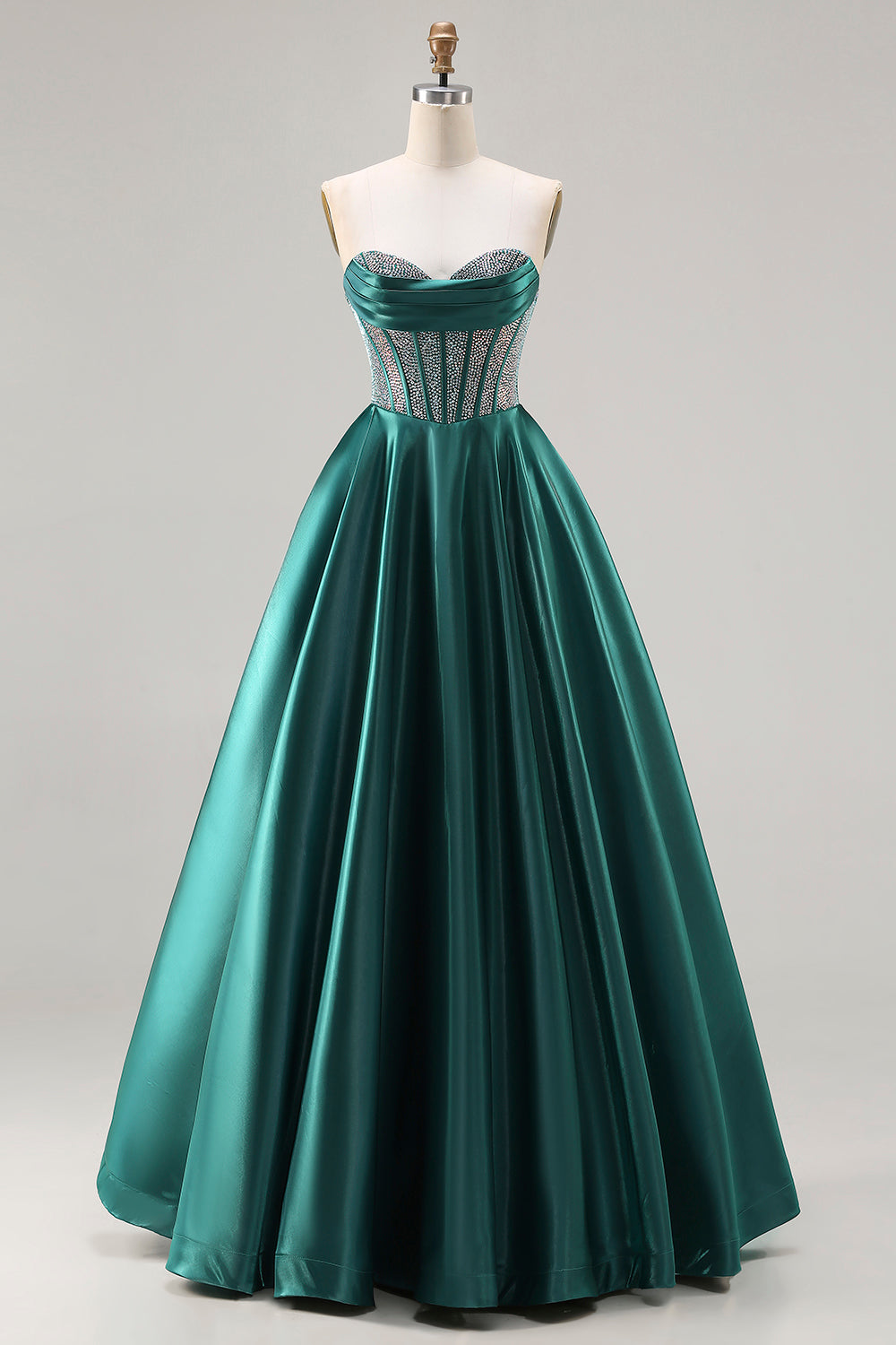 Sparkly Dark Green Satin Sweetheart Long Corset Prom Dress with Beading