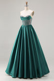 Sparkly Dark Green Satin Sweetheart Long Corset Prom Dress with Beading