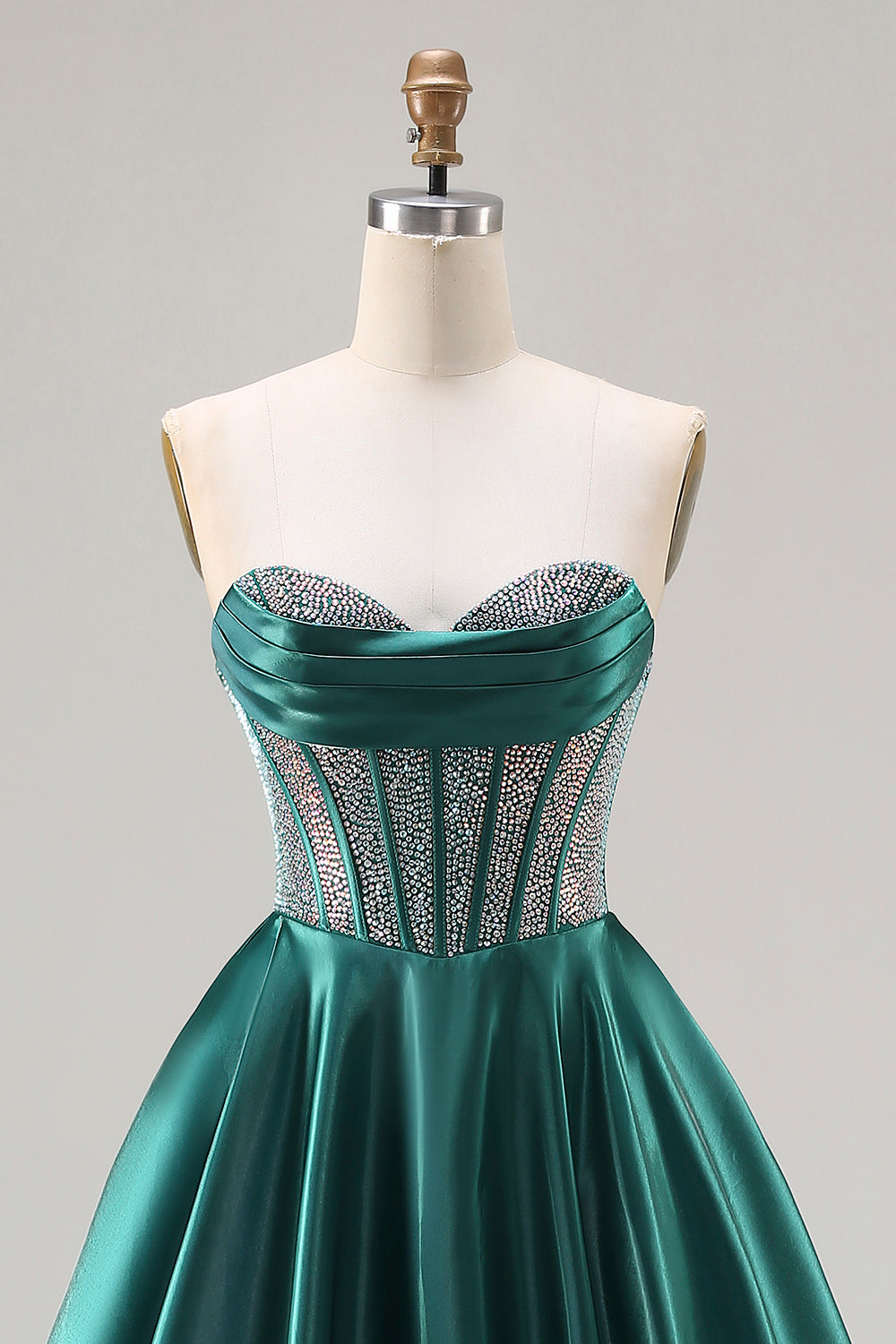 Sparkly Dark Green Satin Sweetheart Long Corset Prom Dress with Beading
