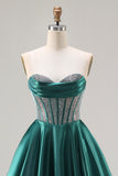 Sparkly Dark Green Satin Sweetheart Long Corset Prom Dress with Beading
