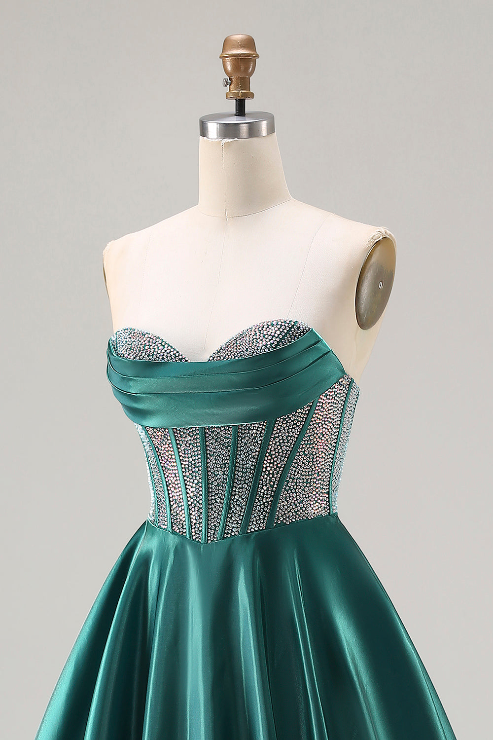Sparkly Dark Green Satin Sweetheart Long Corset Prom Dress with Beading