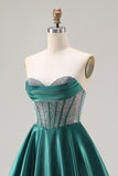 Sparkly Dark Green Satin Sweetheart Long Corset Prom Dress with Beading
