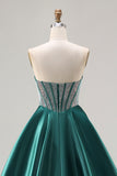 Sparkly Dark Green Satin Sweetheart Long Corset Prom Dress with Beading