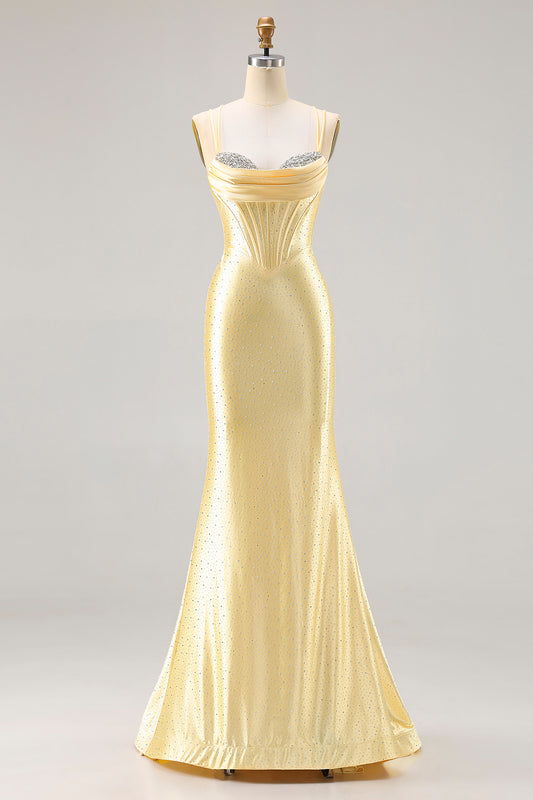 Sparkly Light Yellow Mermaid Satin Beaded Long Corset Prom Dress