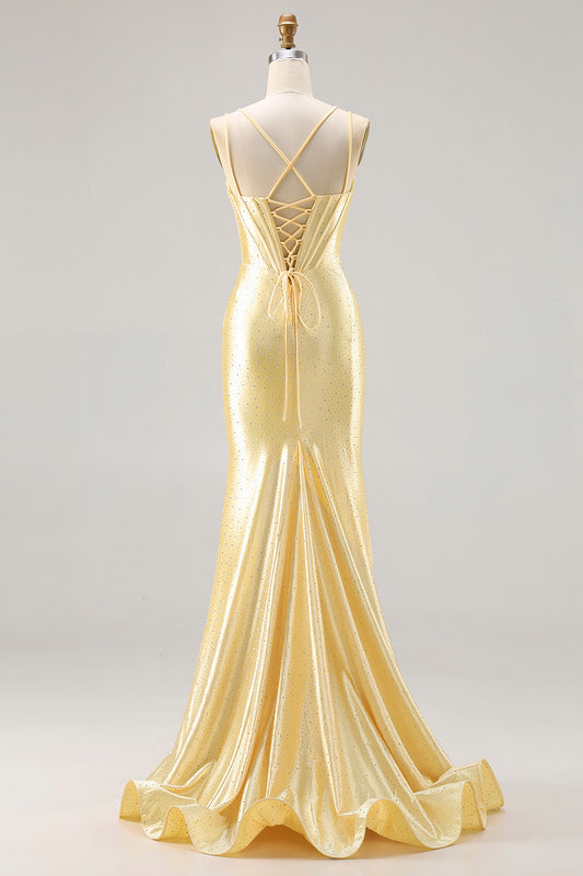 Sparkly Light Yellow Mermaid Satin Beaded Long Corset Prom Dress