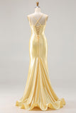 Sparkly Light Yellow Mermaid Satin Beaded Long Corset Prom Dress